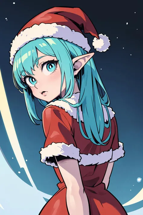 (masterpiece, best quality:1.2), 1girl, solo, elf epoch, blue theme, christmas, santa hat,  <lora:sunafukitabito:.95>, sunafukitabito, aqua hair, long hair, looking at viewer, red dress, short sleeves, arms behind back,