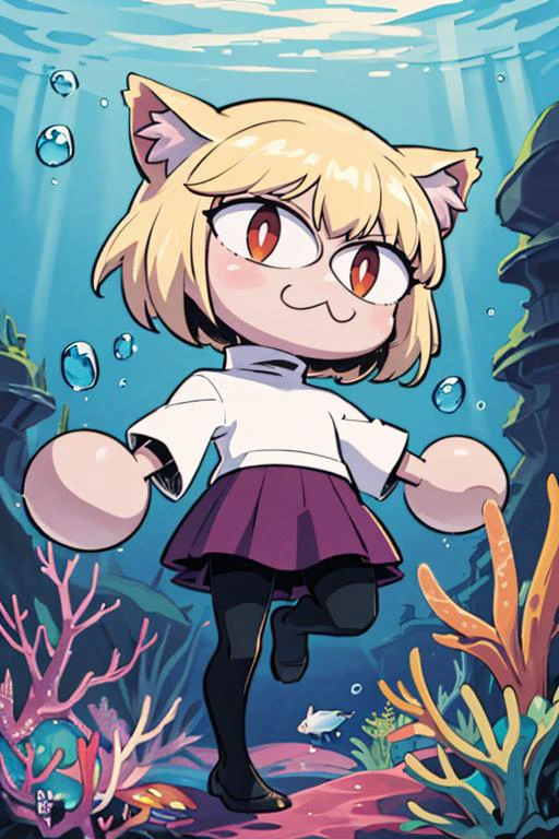 (masterpiece, best quality:1.2), <lora:sunafukitabito:0.8>, sunafukitabito, <lora:necoarc:1>, necoarc, slit pupils, cat ears, blonde hair, red eyes, chibi, 1girl, solo, white turtleneck, purple skirt, pantyhose, outdoors, underwater, looking at viewer, swimming, bubble, fish,