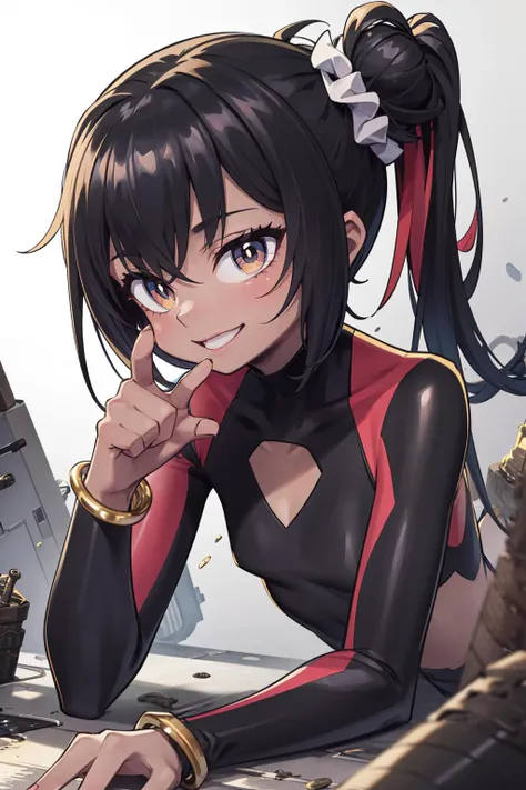 ((masterpiece)), (best quality), official art, extremely detailed CG, unity 8k wallpaper, ultra detailed, 
sunafukitabito, 1girl, 1girl, solo, upper body, Sewer, day, sunny, One hand pointing, signaling direction, 1girl, solo, two-tone hair, Messy Bun, side ponytail, vermilion eyes, dark skin, dark-skinned female, flat chest, mature female,, Moldy ragged suit crawling with maggots, Diamond Bracelet, light smile,, 
 <lora:sunafukitabito:0.8>