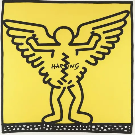 keithharingxl, a yellow and black drawing of a person with wings <lora:KeithHaringXL_v1:1>