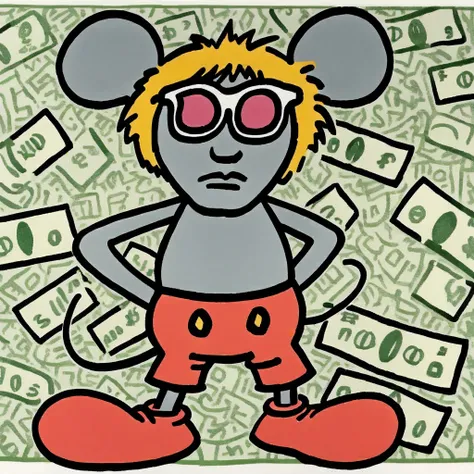 keithharingxl, a cartoon mouse with a lot of money in his hands <lora:KeithHaringXL_v1:1>