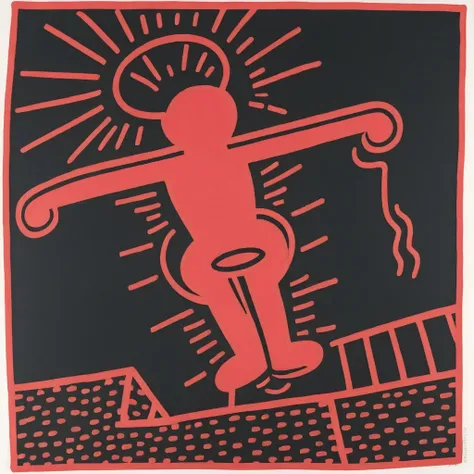 keithharingxl, a red and black drawing of a person falling off a building <lora:KeithHaringXL_v1:1>