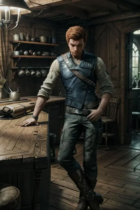 1boy, CalKestisS, male focus, realistic, solo, sleeves rolled up, boots, shirt, vest, belt, weapon, indoors, pants, gun, short hair, stool, chair, standing
<lora:add_detail:0.7> <lora:CalKestisS:0.7>