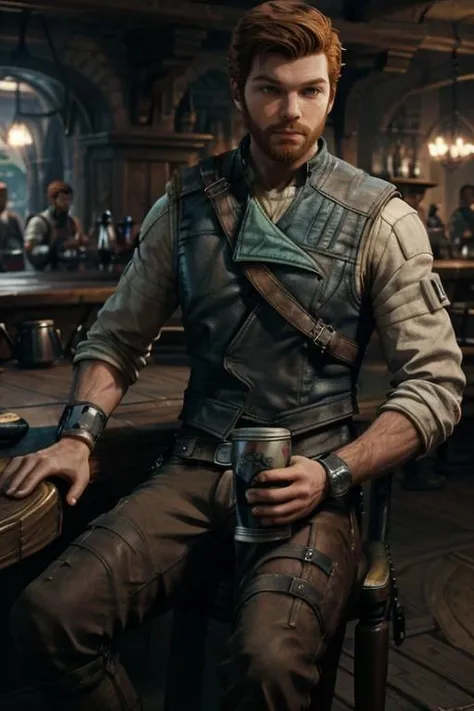 1boy, CalKestisS, male focus, solo, holding, facial hair, pants, shirt, vest, short hair, cup, holding cup, realistic, belt, sitting, coffee cup, leather, blurry background, disposable cup, weapon, brown pants, outdoors, brown vest, beard, blurry
<lora:add_detail:0.7> <lora:CalKestisS:0.7>