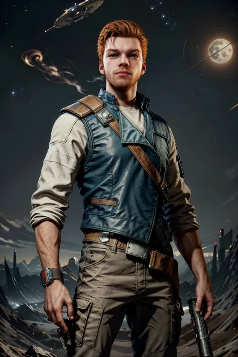 (masterpiece, best quality) <lora:epi_noiseoffset2:1> <lora:add_detail:0.8> <lora:CalKestisSW:0.8>
1boy, CalKestisSW, solo, looking at viewer, shirt, standing, weapon, male focus, belt, pants, vest, blue eyes, red hair, gun, facial hair, beard, smoke, science fiction, watch, realistic, wristwatch, space, planet, earth \(planet\), spacecraft