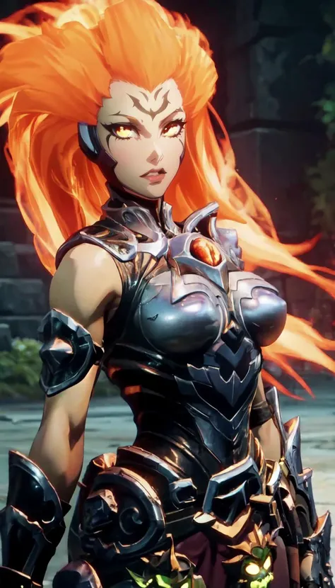 GAME_glowing_ownwaifu,www.ownwaifu.com,
long hair,(orange hair:1.2), fiery hair,white eyes, lips,breasts,makeup,lipstick,dark skin,dark-skinned female,nose,fiery hair,spiked hair,facial mark,glowing_hair,
armor,shoulder armor,breastplate,pauldrons,gauntlets,full armor,jewelry,
<lora:GAME_Darksiders_Fury_ownwaifu:0.8>,, 1girl, solo, looking at viewer,straight-on, upper body, official art, highres, scenery, (masterpiece:1.1), (best quality,:1.1), (high quality:1.1), (anime screencap:1.2),