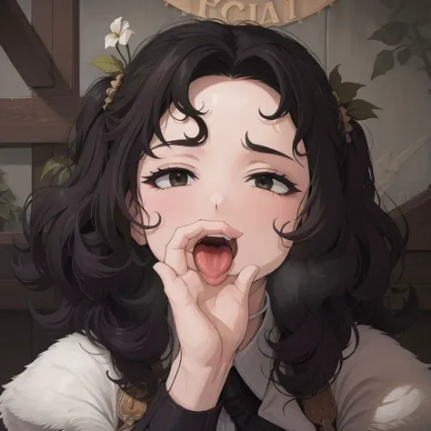 (masterpiece:1.4), high quality, atmospheric lighting, high definition, sharp focus, deep shadow, dimly lit, shade, detailed face, anime, best quality, 4k, 8k, absurd resolution, cinematic lights, intricate detail, detailed hands, detailed eyes, animation, illustration, highly detailed, highres, extremely detailed, detailed background, perfect eyes, perfect face, thick, plump, curvy, chubby, <lora:tareme_eyes:1.3> tareme eyes, mature female, medium breasts, round cheeks, big belly, belly overhang, animification, bbw, pale skin, fat face, round nose, wide hips, (green brownish eyes:1.6), (black hair:1.4), (middle parting hairstyle:1.4), (a line haircut:1.5), (long hair:1.5), (round face), (parted bangs:1.7), (curly hair:1.3), (round chin:1.2), <lora:eyebrows_slider_v1:1.6>, fat, fat rolls, <lora:plump-strong:1> mature female, <lora:curly_hair_slider_v11:1.5>, <lora:perfetfingers:1>, pureerosface_v1, prettify, OverallDetail, Illust-InstaFilter, hotify, edgQuality, Earth-QualityPos, BodyPositive, Best_QualityPos, (free hair:1.4), <lora:middle_parting_hairstyle:0.2>, <lora:hyperdenoiser_v090:0.6>, <lora:hyperrefiner_v090:0.6>, (happy:1.3), (looking at viewer:1.4), (smile:1.4), hearts, spoken heart, smug, (fishnet_bodysuit:1.7), <lora:fellatio gesture2:0.7> (fellatio gesture:1.5), (fingers around tongue:1.5), (tongue out:1.5), (hand on mouth:1.5),(finger near mouth:1.5), (open mouth:1.5), <lora:MS_Fellatio_Gesture_Lite:0.7>, <lora:AnyasHehFaceMeme:0.7> IncrsAnyasHehFaceMeme, grin, smug,
