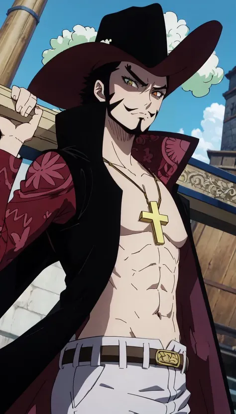 ANIME_OP_dracule_mihawk_ownwaifu,www.ownwaifu.com,
facial hair,beard,abs,black hair,yellow eyes,mustache,muscular,pectorals,goatee,long sideburns,sideburns,short hair,spiked hair,manly,toned,stubble,thick_eyebrows,
hat,jewelry,necklace,belt,coat,pants,open clothes,cross,pirate hat,cross necklace,cape,open coat,bare pectorals,black headwear,fur trim,latin cross,long coat,navel,jacket,open_jacket,topless male,hat_feather,white_pants,
<lora:ANIME_OP_dracule_mihawk_ownwaifu-15:0.9>,, 1girl, solo, looking at viewer,straight-on, upper body, official art, highres, scenery, (masterpiece:1.1), (best quality,:1.1), (high quality:1.1), (anime screencap:1.2),