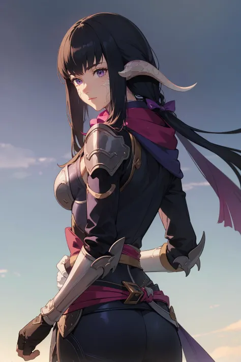 (masterpiece, best quality, unity 8k wallpaper, highres, absurdres, background), depth of field, perfect lighting, cinematic shadows, BREAK
(super_perfect_good anatomy head face fingers arms hands, slender:1.3, constricted waist:1.3), solo, BREAK
(super_beautiful_detailed 1girl saggy_very_long_breasts black_long_hair blunt_bangs horns kind_eyes face nose mouth skin:1.2), aayugiri, <lora:yugiri_mistwalker_v1:0.7>, BREAK
(super_beautiful_detailed scales purple_scarf shoulder_armor japanese_armor gloves pants), BREAK
(posture scenery background super_brilliant_match_Ninja:1.2), cool, Castle town at night, from behind