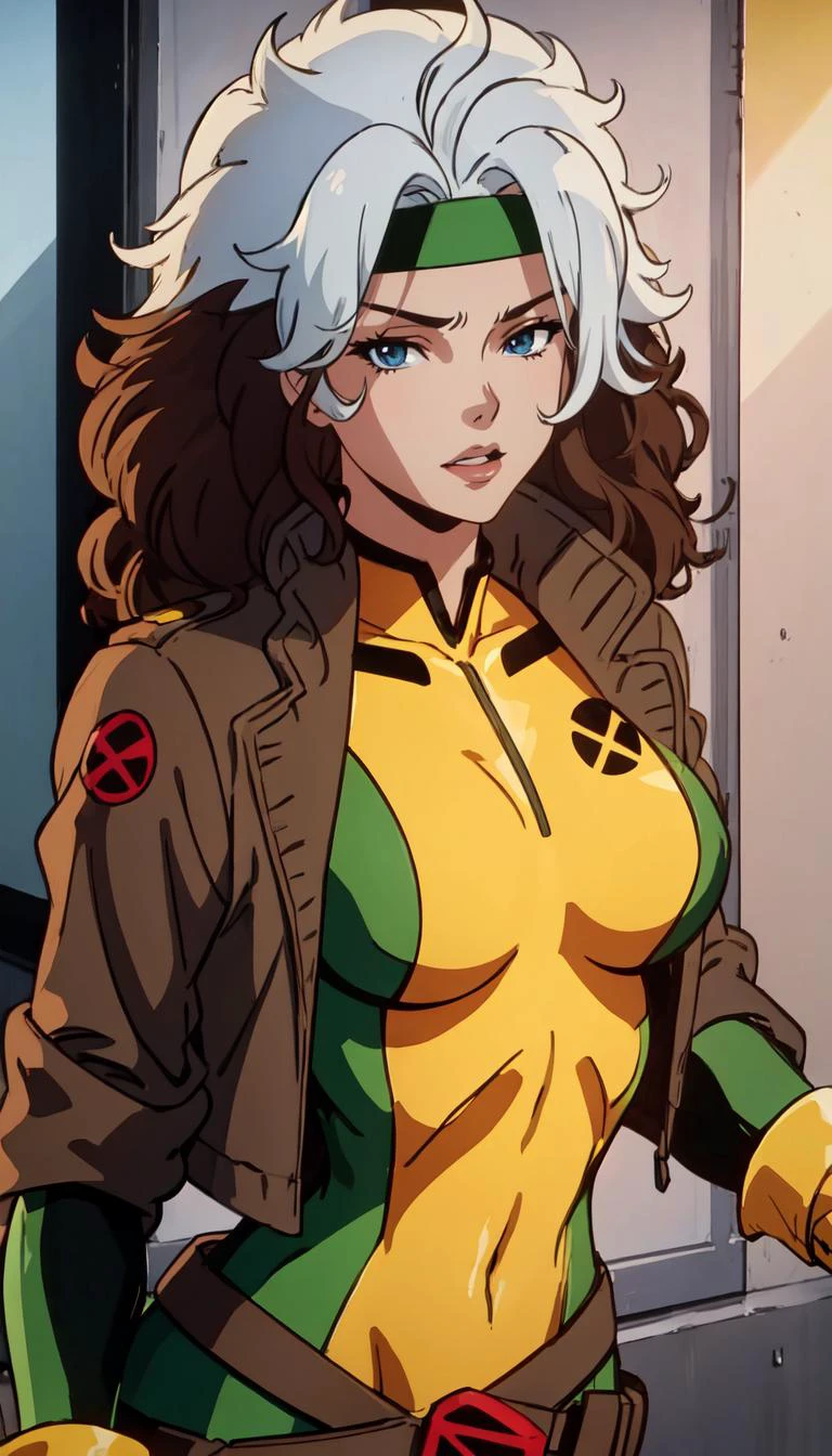 CARTOON_X_MENs_Rogue,ownwaifu,
long hair,breasts,brown hair,green eyes,lipstick,makeup,lips,white hair,two-tone hair,headband,wavy hair,large breasts,messy hair,curly hair,big_hair,
yellow bodysuit,jacket,gloves,belt,yellow gloves,green bodysuit,bodysuit,multicolored bodysuit,superhero, skin tight,multicolored clothes, <lora:CARTOON_X_MEN90s_Rogue-15:1>, 1girl, solo, looking at viewer,straight-on, upper body, official art, highres, scenery, (masterpiece:1.1), (best quality,:1.1), (high quality:1.1), (anime screencap:1.2),