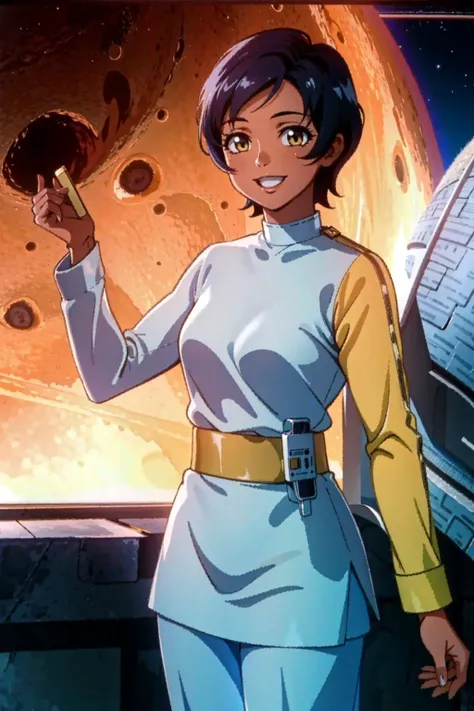 high quality, african woman in s1999unf uniform,yellow left sleeve,on the moon,smiling<lora:S1999unf:0.8>