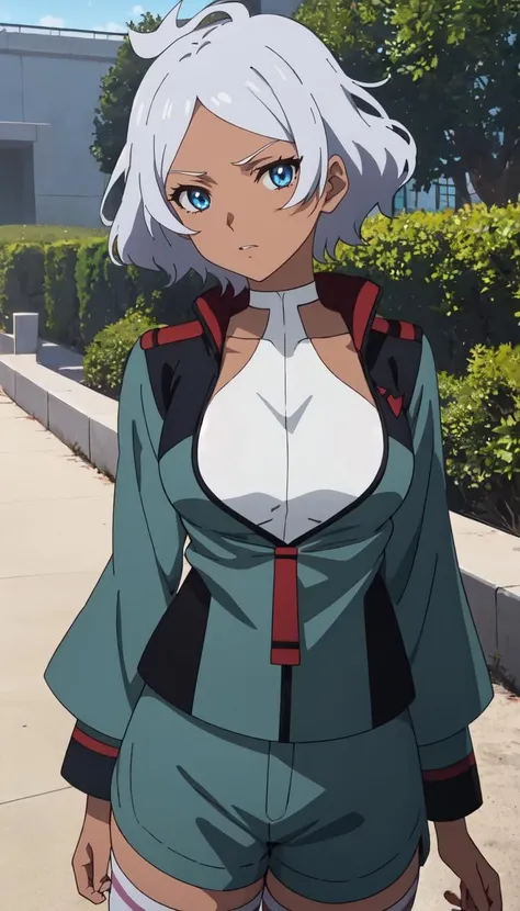 green_jacket_ownwaifu,www.ownwaifu.com,
short hair,dark skin,breasts,dark-skinned female,blue eyes,shorts,large breasts,white hair,silver hair,thighs,
green jacket,thighhighs,jacket,white legwear,long sleeves,
<lora:ANIME_secelia_dote_ownwaifu:1>,, 1girl, solo, looking at viewer,straight-on, upper body, official art, highres, scenery, (masterpiece:1.1), (best quality,:1.1), (high quality:1.1), (anime screencap:1.2),