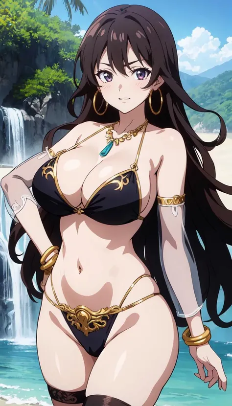 1girl, pose, cowboy shot, blush, bow, large breasts, brown hair, pale skin, (very long hair), multicolored wavy hair, looking at viewer, navel, curvy, narrow waist, toned, huge breasts, jewelry, necklace, hoop earrings, belly chain, bracelet, bangle, navel, makeup, lipstick, black bikini, ornate clothes, ornate, robe, princess, gloves, thighhighs, cameltoe, highleg leotard, see-through sleeves, see-through sarong, blanket, hay, parted lips, smile, solo, highres, masterpiece, best quality, high quality, absurdres, scenery, beach, waterfall, dappled_sunlight,, 1girl, solo, looking at viewer,straight-on, upper body, official art, highres, scenery, (masterpiece:1.1), (best quality,:1.1), (high quality:1.1), (anime screencap:1.2),