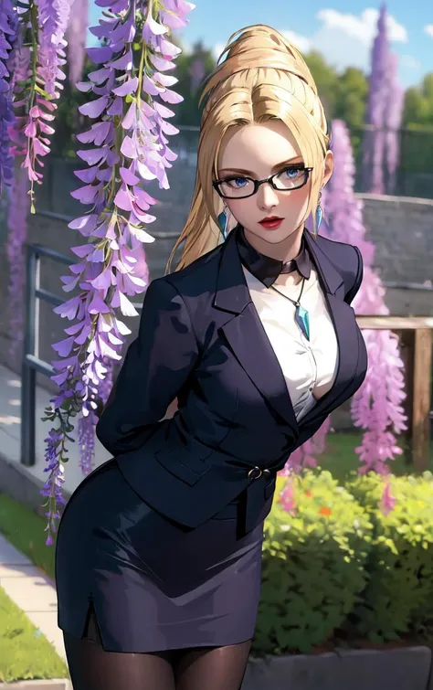 (masterpiece, best quality:1.4), insaneres, absurdres, solo, looking at viewer,BREAK 
SkirtSuit_Rachel_ownwaifu, 
1girl, blonde hair, jewelry, necklace, blue eyes, breasts, lipstick, single hair bun, high ponytail, long hair
glasses, pencil skirt, formal, skirt suit, pantyhose, office lady,
(leaning forward, arms behind back), cowboy shot, garden, wisteria, outdoors, <lora:GAME_NinjaGaiden_Rachel_ownwaifu:0.85> , depth of field