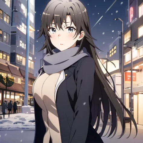 masterpiece, best quality, amazing, finely detailed, beautiful detailed eyes, (s2_style:1.2), hiratsuka shizuka, 1girl, solo, (blush:1.2), long hair, black hair, grey eyes, bangs, large breasts, (breath:1.2), parted lips, city, street, snow, christmas lights, winter clothes, no headwear, winter coat, scarf, looking at viewer