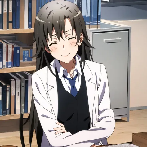 hiratsuka shizuka, 1girl, solo, smile, labcoat, blush, chair, s2 style, closed eyes, long hair, black hair, bookshelf, wooden floor, bangs, collared shirt, wing collar, open collar, black vest, white shirt, closed mouth, blue necktie, desk, ^_^, hair between eyes, tile floor, cabinet, school, indoors, blinds, book stack, upper body, shelf, office, long sleeves, lips