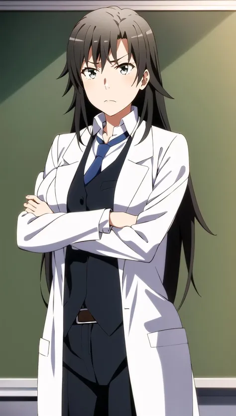 hiratsuka shizuka, 1girl, solo, black hair, long hair, grey eyes, white shirt, open collar, collared shirt, blue necktie, black vest, black belt, belt buckle, black pants, labcoat, classroom, chalkboard, arms under breasts, large breasts, crossed arms, cowboy shot, frown