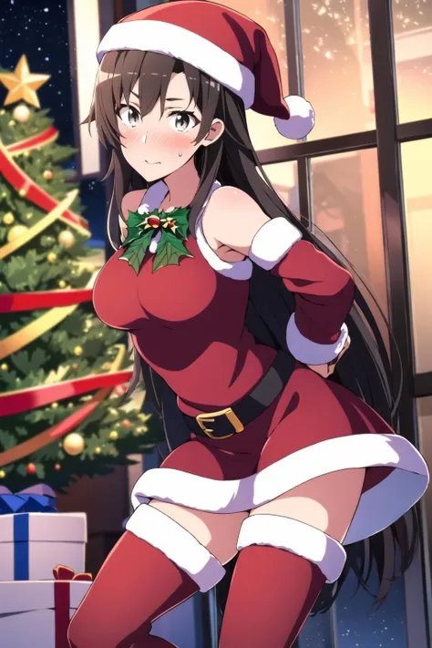 (s2_style:1.2), hiratsuka shizuka, 1girl, solo, christmas, indoors, blush, long hair, black hair, santa hat, grey eyes, santa costume, christmas tree, detached sleeves, very long hair, looking at viewer, zettai ryouiki, bare shoulders, gift box, fur trim, dutch angle, fur-trimmed sleeves, fur-trimmed dress, fur-trimmed boots, fur-trimmed legwear, thigh boots, fur boots, belt buckle, santa dress, red sleeves, cowboy shot, night, large breasts, embarrassed, fur cuffs, window, building, fur-trimmed headwear, christmas ornaments, hat, merry christmas, belt, arms behind back, leaning forward, pom pom (clothes), santa boots, red headwear, red dress, dress, breasts, bangs, wine bottle, short dress, brown belt, long sleeves, sideways glance<lora:shizuka_hiratsuka_s2_v2b:1>