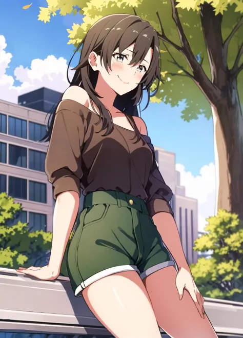(s2_style:1.2), hiratsuka shizuka, 1girl, solo, black hair, collarbone, large breasts, grey eyes, bangs, outdoors, smile, (tree:1.2), (green shorts:1.2), long hair, hand on hip, looking at viewer, day, blush, building, bare shoulders, closed mouth, (high-waist shorts:1.2), breasts, off shoulder, (brown shirt:1.2), leaf, off-shoulder shirt, sky, falling leaves, thighs, railing, short shorts, shirt tucked in, cloud, puffy sleeves, arm support, blue sky, city, happy, zipper, zipper pull tab, leaning, leaning on rail<lora:shizuka_hiratsuka_s2_v2b:1>