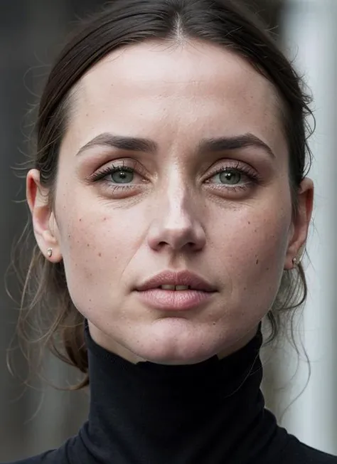A stunning intricate color close up portrait of (sks woman:1) , wearing black turtleneck, epic character composition, sharp focus, natural lighting, subsurface scattering, f2, 35mm, film grain, , by Annie Leibovitz, <lora:lora-small-ana-de-armas-v1:1>