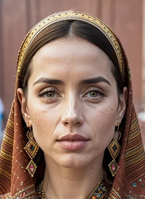 portrait of sks woman in Marrakech, at the bustling Djemaa el-Fna square, by Flora Borsi, style by Flora Borsi, bold, bright colours, ((Flora Borsi)), by Imogen Cunningham, <lora:lora-small-ana-de-armas-v1:1>