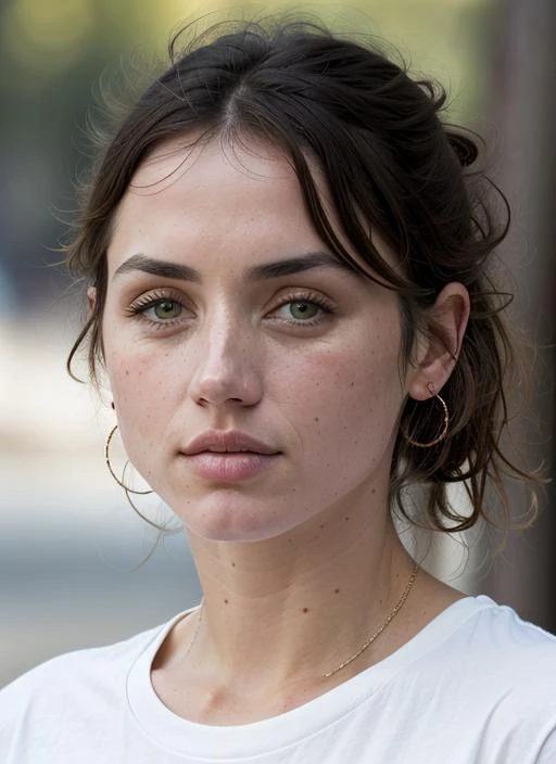 A stunning intricate color close up portrait of (sks woman:1) , wearing tshirt, epic character composition, sharp focus, natural lighting, subsurface scattering, f2, 35mm, film grain, , by Ansel Adams, <lora:lora-small-ana-de-armas-v1:1>