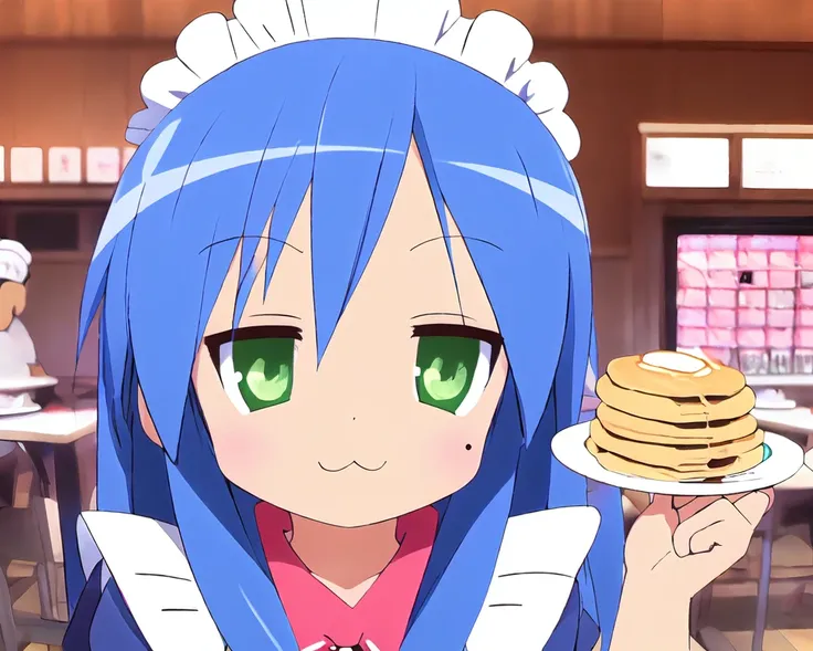 (ultra detailed, photorealistic:1.5),
beautiful cute izumi konata, 1girl, and 1dirty fat man,
surrounded by ((adult pan cake)) in (maid cafe:1.6),
long hair, mole, mole under eye, yellow bowtie, serafuku, bow, bowtie, green eyes, yellow bow, blue hair, ahoge, short sleeves, :3, sailor collar, looking at viewer, peace sign, wink
wide hips,
<lora:konataIzumiLuckyStar_konataV1:1>
