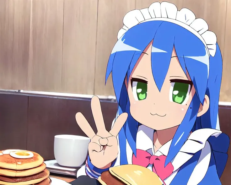(ultra detailed, photorealistic:1.5),
beautiful cute izumi konata, 1girl, and 1dirty fat man,
surrounded by ((adult pan cake)) in (maid cafe:1.6),
long hair, mole, mole under eye, yellow bowtie, serafuku, bow, bowtie, green eyes, yellow bow, blue hair, ahoge, short sleeves, :3, sailor collar, looking at viewer, peace sign, wink
wide hips,
<lora:konataIzumiLuckyStar_konataV1:1>