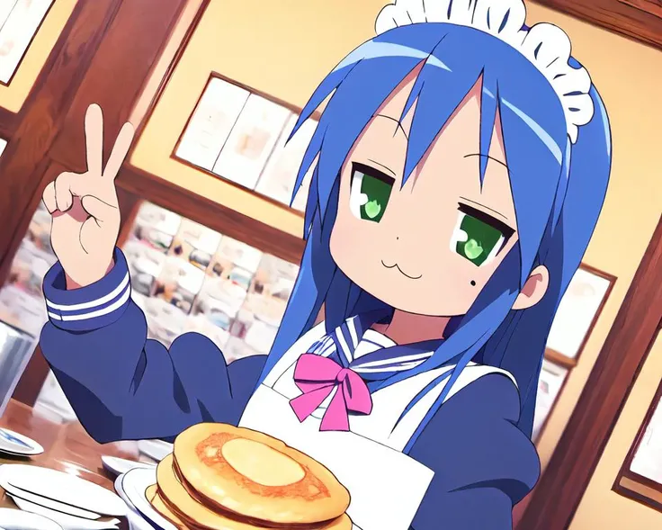 (ultra detailed, photorealistic:1.5),
beautiful cute izumi konata, 1girl, and 1dirty fat man,
surrounded by ((adult pan cake)) in (maid cafe:1.6),
long hair, mole, mole under eye, yellow bowtie, serafuku, bow, bowtie, green eyes, yellow bow, blue hair, ahoge, short sleeves, :3, sailor collar, looking at viewer, peace sign, wink
wide hips,
<lora:konataIzumiLuckyStar_konataV1:1>