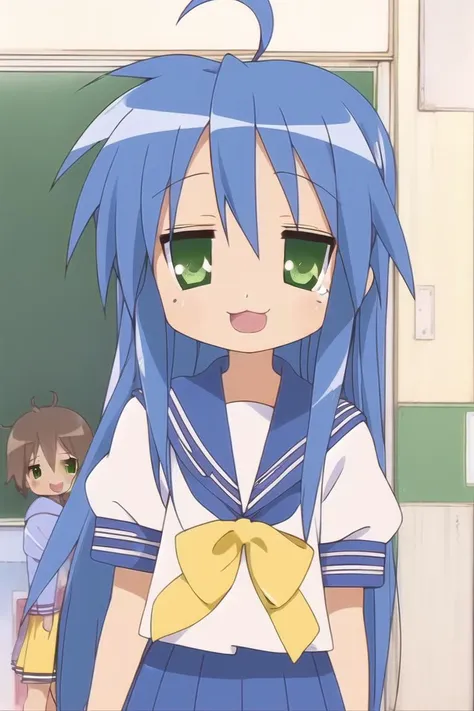 <lora:luckystarv2:1>, (izumi konata, 1girl, solo, :3, ryouou school uniform, school uniform, long hair, mole, mole under eye, yellow bowtie, serafuku, bow, bowtie, green eyes, yellow bow, blue hair, ahoge, short sleeves, sailor collar)