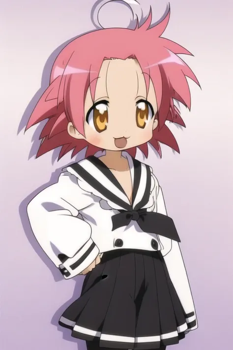 <lora:luckystarv2:1>, (kogami akira, 1girl, solo, pantyhose, sleeves past fingers, sleeves past wrists, oversized clothes, pink hair, ahoge, yellow eyes, short hair, skirt, :3, long sleeves)