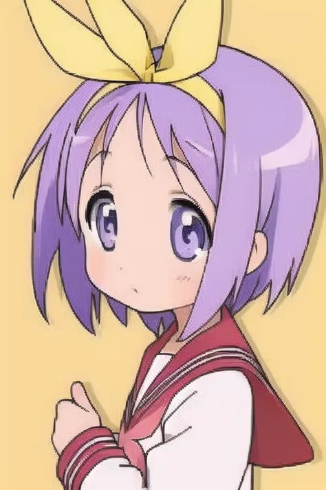 <lora:luckystarv2:1>, (hiiragi tsukasa, 1girl, solo, school uniform, ryouou school uniform, serafuku, short hair, purple hair, yellow hairband, ribbon)