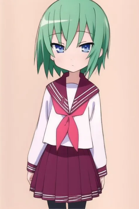 <lora:luckystarv2:1>, (iwasaki minami, 1girl, solo, pantyhose, expressionless, ryouou school uniform, school uniform, neckerchief, serafuku, pink neckerchief, green hair, blue eyes, short hair, skirt, red neckerchief)