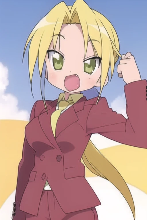 <lora:luckystarv2:1>, (nanako kuroi, 1girl, solo, blonde hair, green eyes, fang, long hair, ponytail, jacket, formal)