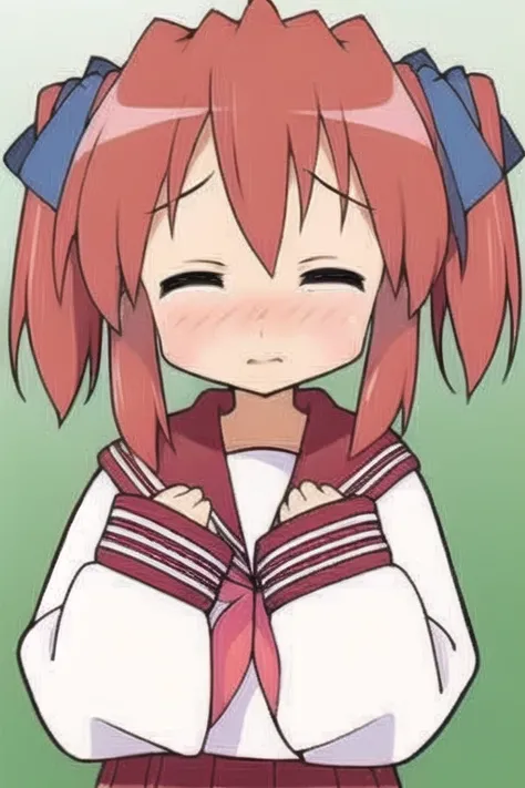 <lora:luckystarv2:1>, (kobayakawa yutaka, 1girl, solo, school uniform, ryouou school uniform, serafuku, neckerchief, red hair, sleeves past wrists, red neckerchief, twintails, blush, sleeves past fingers)