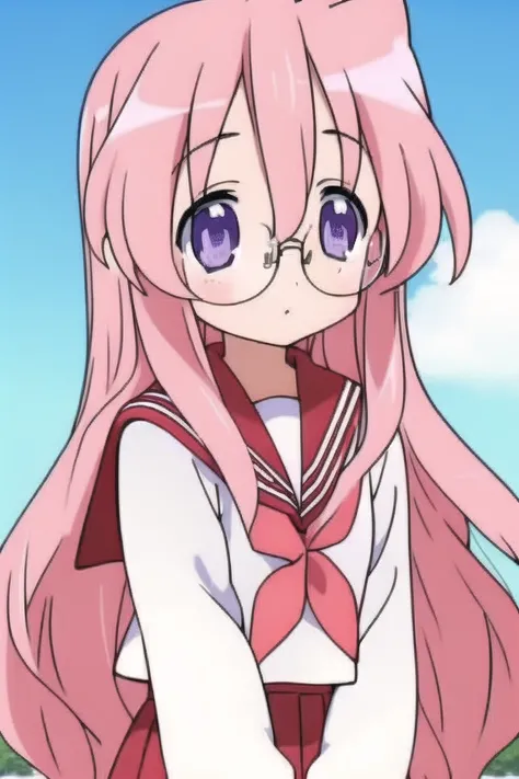 <lora:luckystarv2:1>, (takara miyuki, 1girl, school uniform, glasses, solo, neckerchief, serafuku, ryouou school uniform, pink hair, long hair, purple eyes, red neckerchief, skirt, sailor collar)