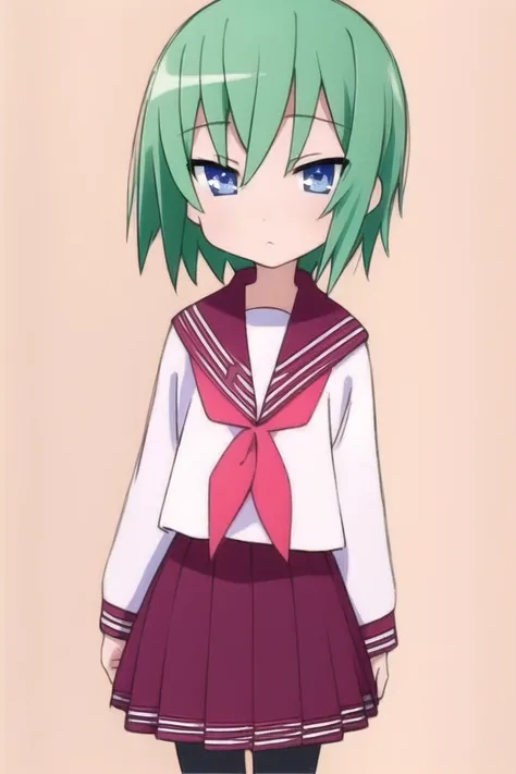 <lora:luckystarv2:1>, (iwasaki minami, 1girl, solo, pantyhose, expressionless, ryouou school uniform, school uniform, neckerchief, serafuku, pink neckerchief, green hair, blue eyes, short hair, skirt, red neckerchief)