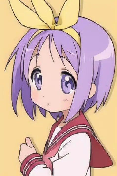 <lora:luckystarv2:1>, (hiiragi tsukasa, 1girl, solo, school uniform, ryouou school uniform, serafuku, short hair, purple hair, yellow hairband, ribbon)