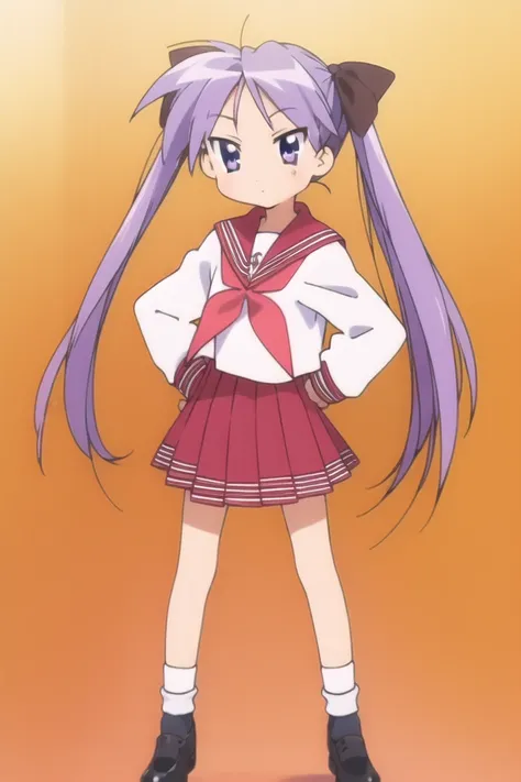 <lora:luckystarv2:1>, (hiiragi kagami:1.2), 1girl, solo, ryouou school uniform, school uniform, serafuku, long hair, twintails, purple hair, neckerchief, blue eyes, skirt, socks, red neckerchief, tsurime, pleated skirt, shoes, white socks