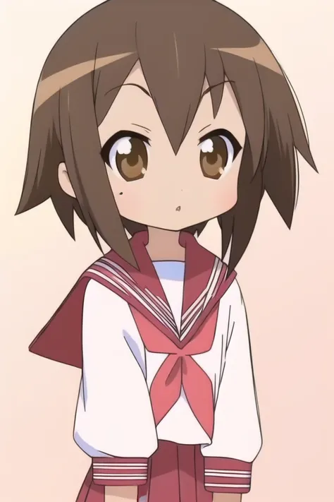 <lora:luckystarv2:1>, (kusakabe misao, 1girl, ryouou school uniform, school uniform, solo, serafuku, short hair, brown hair, neckerchief, red neckerchief)
