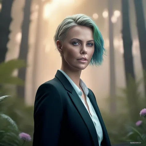 CharlizeTheron,<lora:CharlizeTheronSDXL:1>,portrait,female, light green hair and attractive face with blue eyes in a suit by Stanley Artgerm Lau highly detailed realistic sci-fi photorealistic render unreal engine 4k trending on artstation made at The Digitaloudini VFX volumetric lighting subsurface scattering shiny skin neon cyberpunk 2077 octane renderer ultra high detail concept digital painting fantasy intricate elegant matte illustration dramatic cinematic lightning stormy weather foggy atmosphere epic composition curly colorful bokehs nature photography blur lens flare mist shadow backlit smoke from the sun golden hour dark tones lush forest flowers trees dreamscape full of colour splash comics illustrated