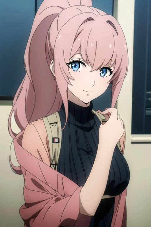 (best quality:1.1), (masterpiece:1.4), photorealistic, looking at viewer, , , , (anime:1.4), 1girl, solo, <lora:maria_synduality_noir:0.76>, maria_synduality_noir, pink hair, blue eyes, , ponytail