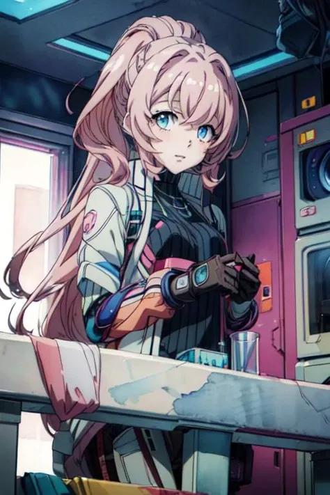 (best quality:1.1), (masterpiece:1.4), movie still, looking at viewer, , , (watercolor illustration, soft pastel colors:1.1), (anime:1.4), 1girl, solo, <lora:maria_synduality_noir:0.76>, maria_synduality_noir, pink hair, blue eyes, long hair, , , science fiction cyber-horror, 32k resolution
