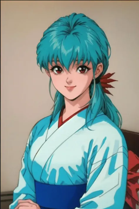 hair ornament,indoors,dojo,closed mouth,smile,mature woman,1990s \(style\),Celluloid style,
smile,upper body,perfect face,mature woman,Endearing,Gentle girl,looking at viewer,in bedroom,<lora:OGT_Yukina-v1:1>,Yukina,1girl,solo,red eyes,japanese clothes,sidelocks,kimono,ponytail,long hair,bangs,aqua hair,white kimono,<lora:OobariMasami:0.4>, retro artstyle,