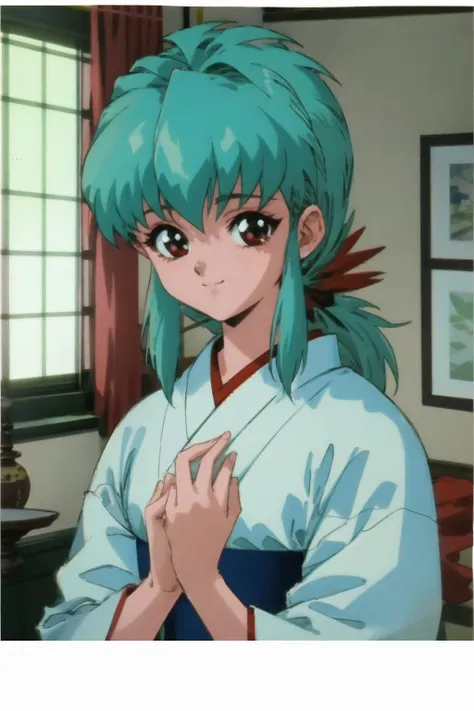 hair ornament,indoors,dojo,closed mouth,smile,mature woman,1990s \(style\),Celluloid style,
smile,upper body,perfect face,mature woman,Endearing,Gentle girl,looking at viewer,in bedroom,<lora:OGT_Yukina-v1:1>,Yukina,1girl,solo,red eyes,japanese clothes,sidelocks,kimono,ponytail,long hair,bangs,aqua hair,white kimono,<lora:OobariMasami:0.4>, retro artstyle,