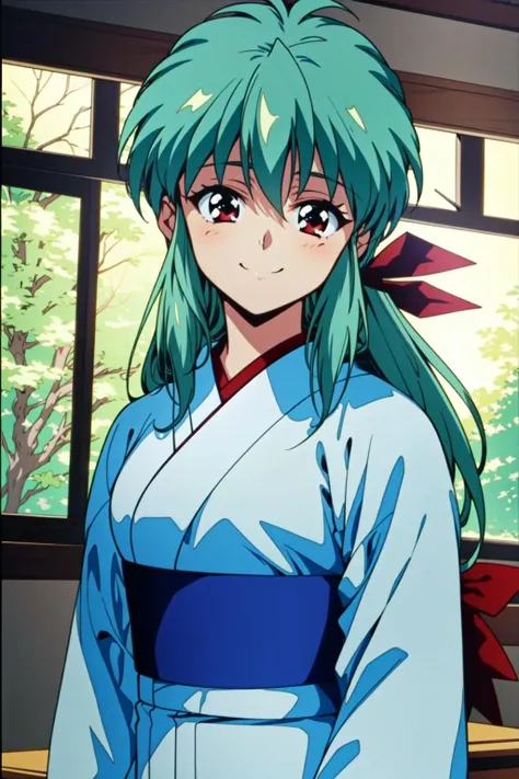 <lora:Yukina-v1:1> Yukina, 1girl, solo, long hair, japanese clothes, green hair, red eyes, kimono, long sleeves, sash, looking at viewer, hair ornament, indoors, dojo, closed mouth, smile, mature woman, (masterpiece, Best Quality, Extremely Detailed, Ultra Quality, 4k)