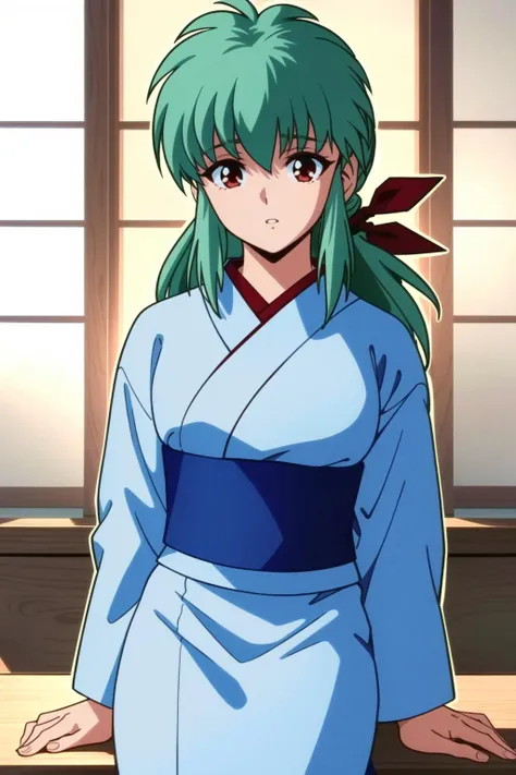 <lora:Yukina-v1:1> Yukina, 1girl, solo, long hair, japanese clothes, green hair, red eyes, kimono, long sleeves, sash, looking at viewer, hair ornament, indoors, dojo, closed mouth, parted lips, mature woman, (masterpiece, Best Quality, Extremely Detailed, Ultra Quality, 4k)