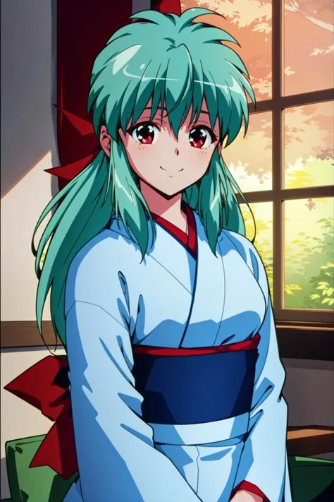 <lora:Yukina-v1:1> Yukina, 1girl, solo, long hair, japanese clothes, green hair, red eyes, kimono, long sleeves, sash, looking at viewer, hair ornament, indoors, dojo, closed mouth, smile, mature woman, (masterpiece, Best Quality, Extremely Detailed, Ultra Quality, 4k)