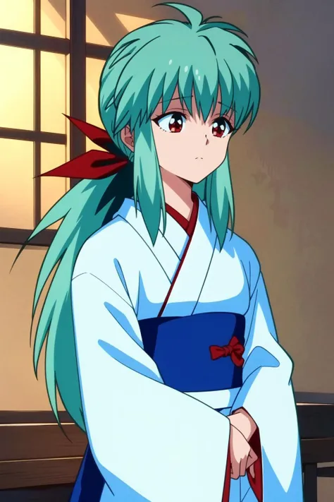 <lora:Yukina-v1:1> Yukina, 1girl, solo, red eyes, japanese clothes, sidelocks, kimono, ponytail, long hair, bangs, aqua hair, character name, white kimono, looking away, mature woman, (masterpiece, Best Quality, Extremely Detailed, Ultra Quality, 4k)