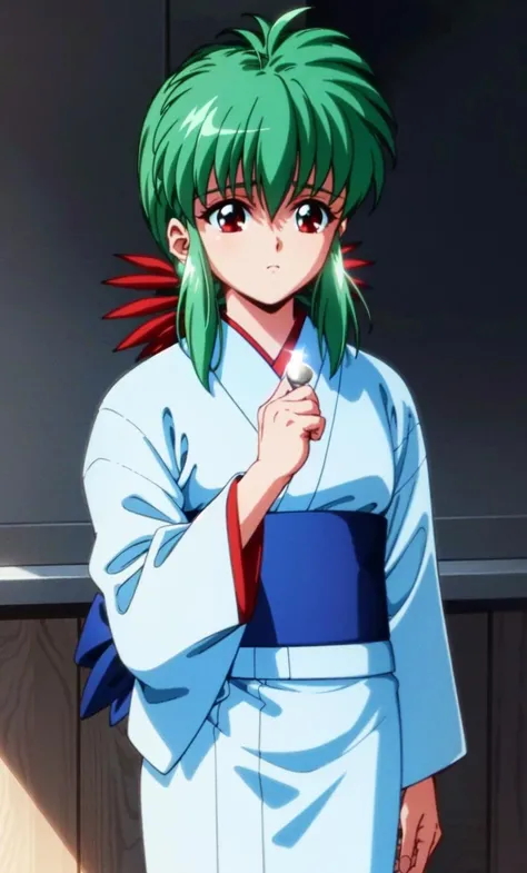 <lora:OGT_Yukina-v1:1> Yukina, 1girl, solo, red eyes, japanese clothes, sidelocks, kimono, ponytail, long hair, bangs, aqua hair, white kimono, looking away, mature woman, (masterpiece, Best Quality, Extremely Detailed, Ultra Quality, 4k)